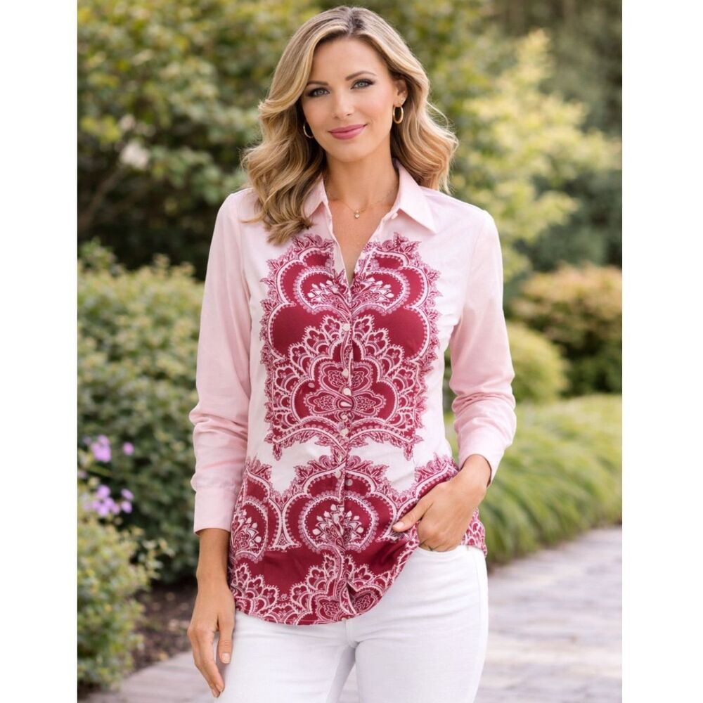 New York & Company Graphic Top Pink Maroon S
